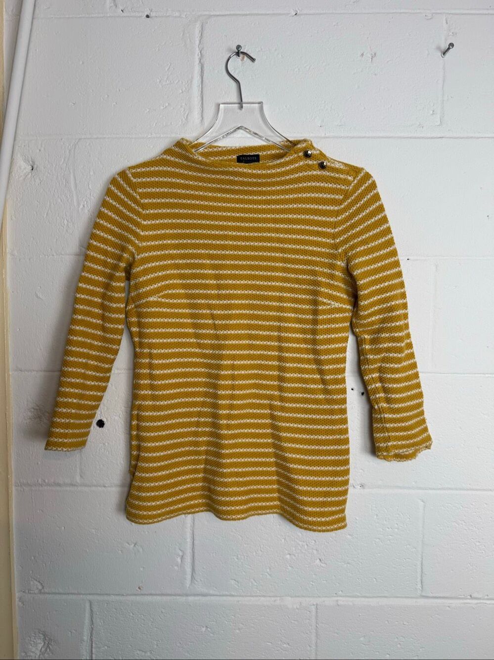 Talbots Women’s Small Mustard Yellow White Striped Cotton Button Shoulder Sweate